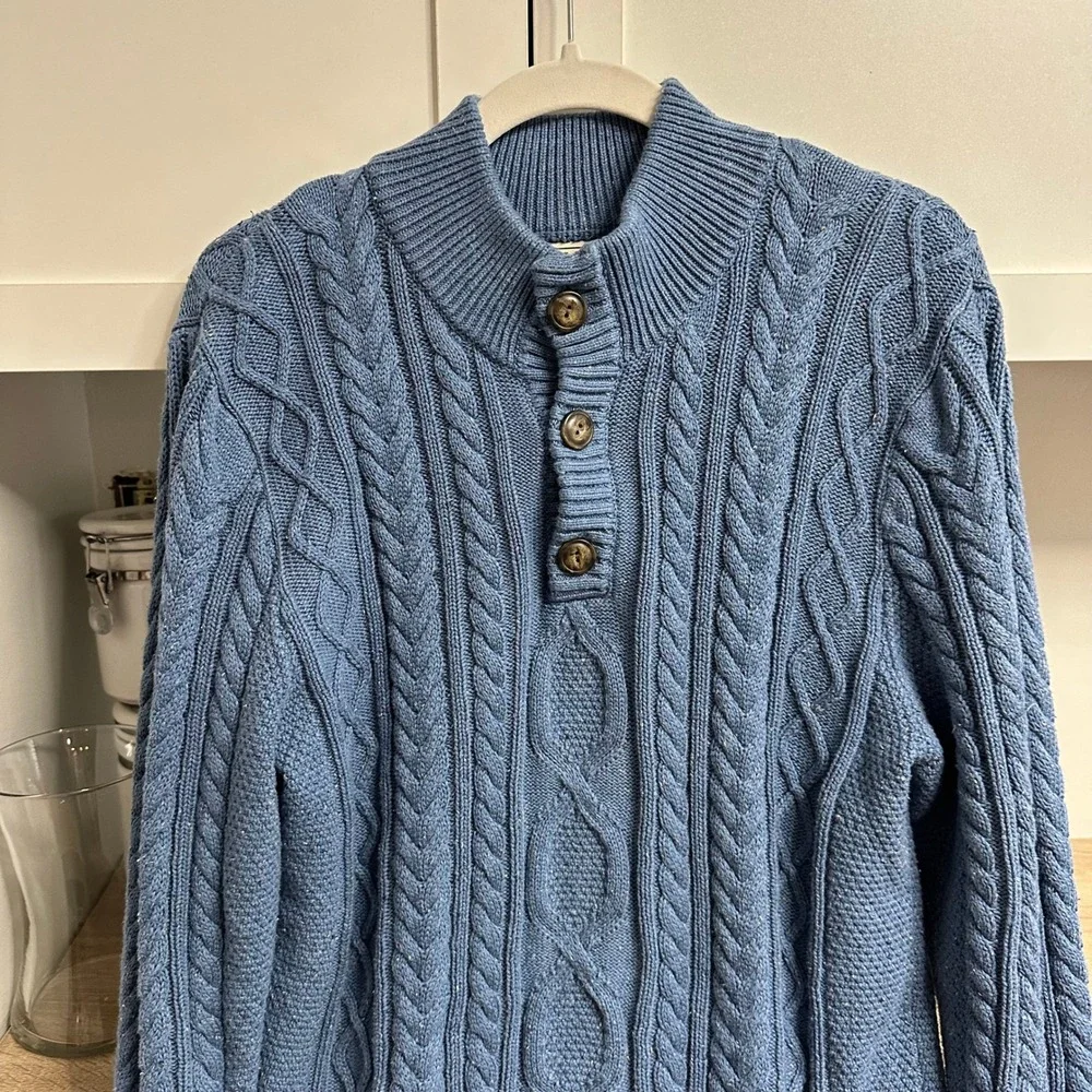 L.L. Bean Mens Heritage Sweater L Blue Soft Cotton Cable Knit Fisherman 3 Button